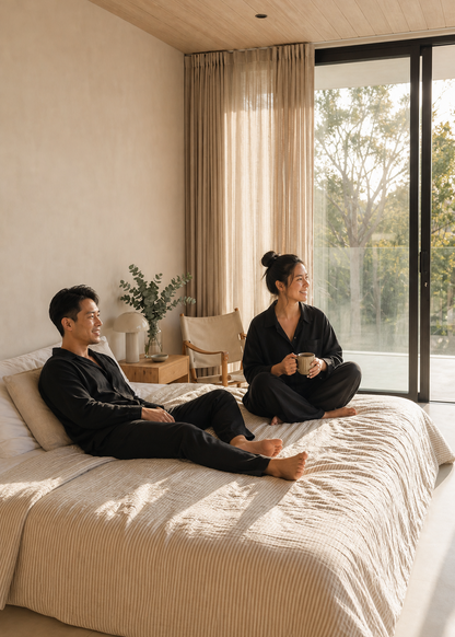 Two people sitting on a bed in a modern bedroom with large windows.