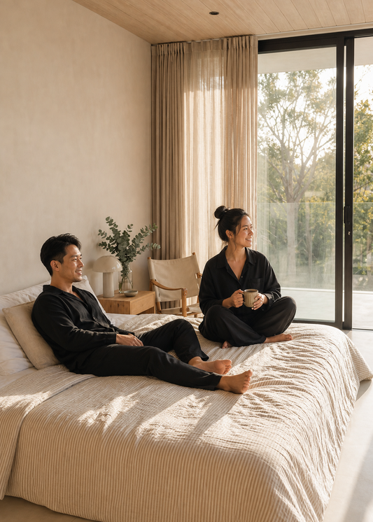 Two people sitting on a bed in a modern bedroom with large windows.