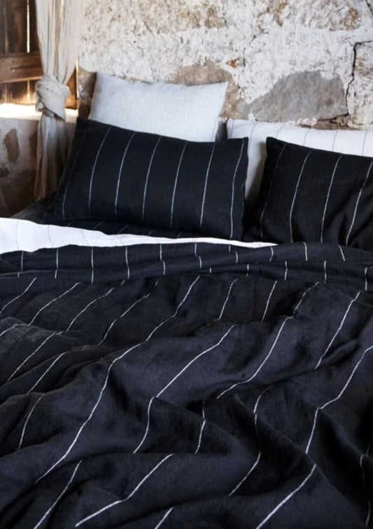 French Linen Pillowcases | Black Stripe