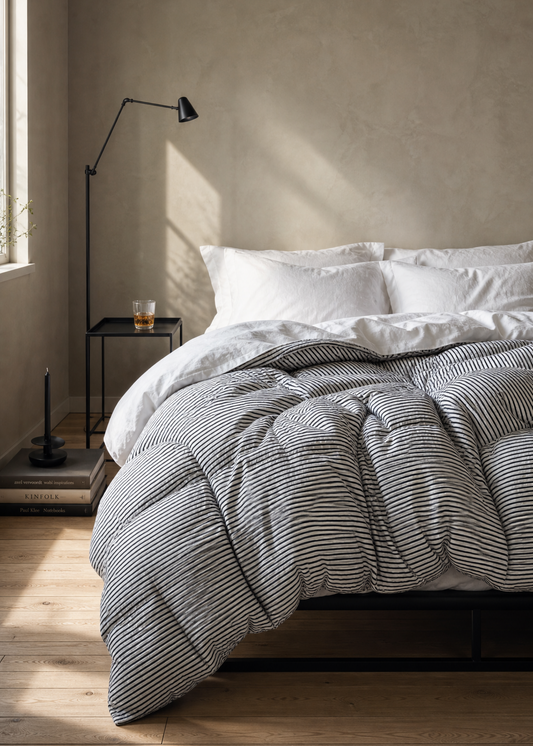 A minimalist bedroom scene featuring a bed dressed in crisp white bedding, set against a textured warm gray wall with soft sunlight streaming across the floor. A black floor lamp and small side table sit to the left.