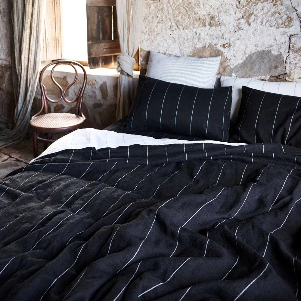 French Linen Flat Sheet | Black Stripe | OEKO-TEX® certified