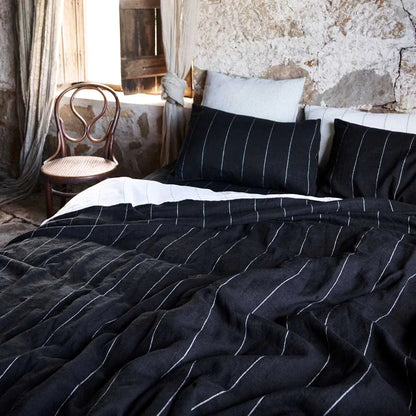 French Linen Flat Sheet | Black Stripe | OEKO-TEX® certified