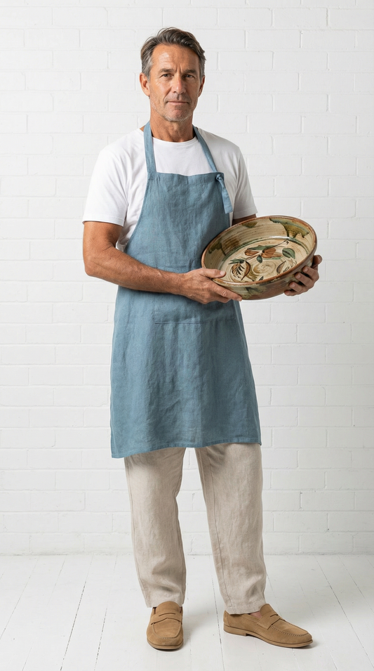 Men's Linen Apron - Grey Blue