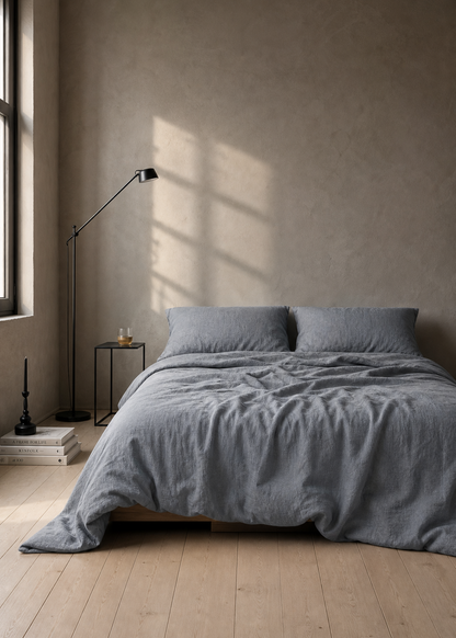 Bedroom with gray bedding and a lamp on a wooden floor.