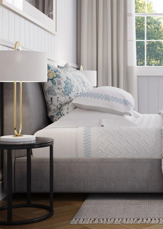 Rattan Weave Embroidered Pillowcases | Mediterranean Blue