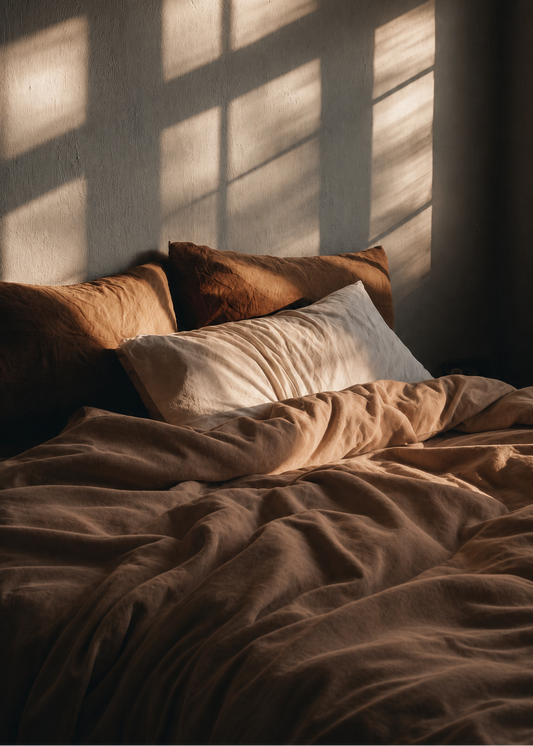 Bed with brown bedding and pillows bathed in soft light from a window.