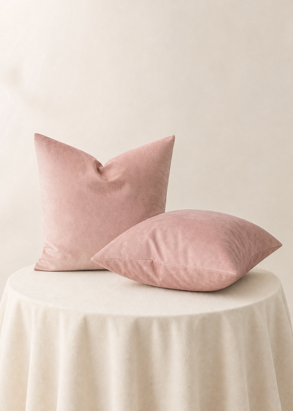Two dusty pink velvet throw pillows resting on a round table draped with a cream-colored tablecloth against a soft beige background.