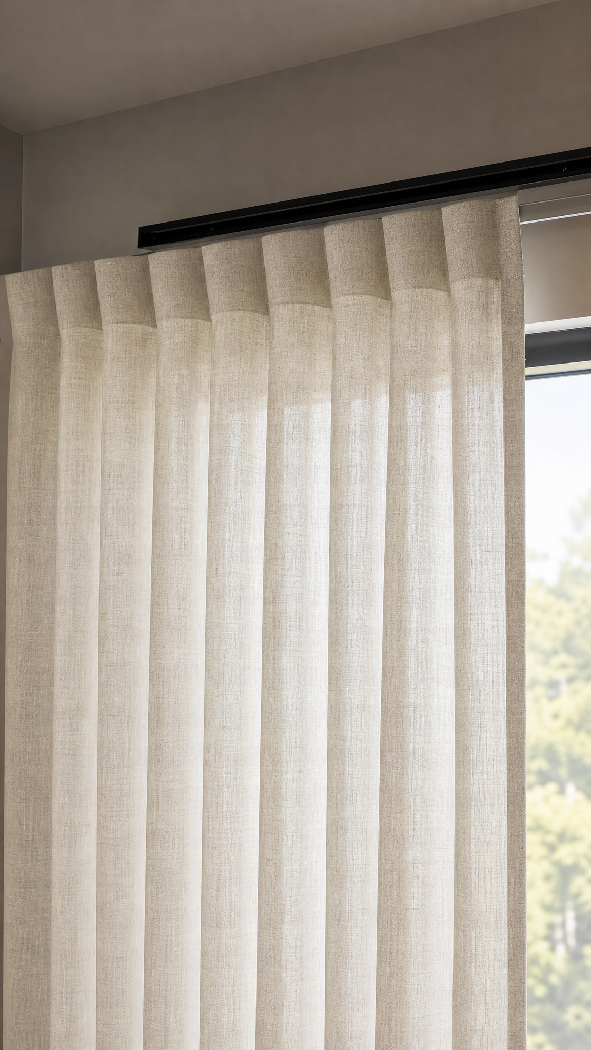 Beige vertical blind curtains with a textured linen-like fabric, shown hanging on a black rod over a window.
