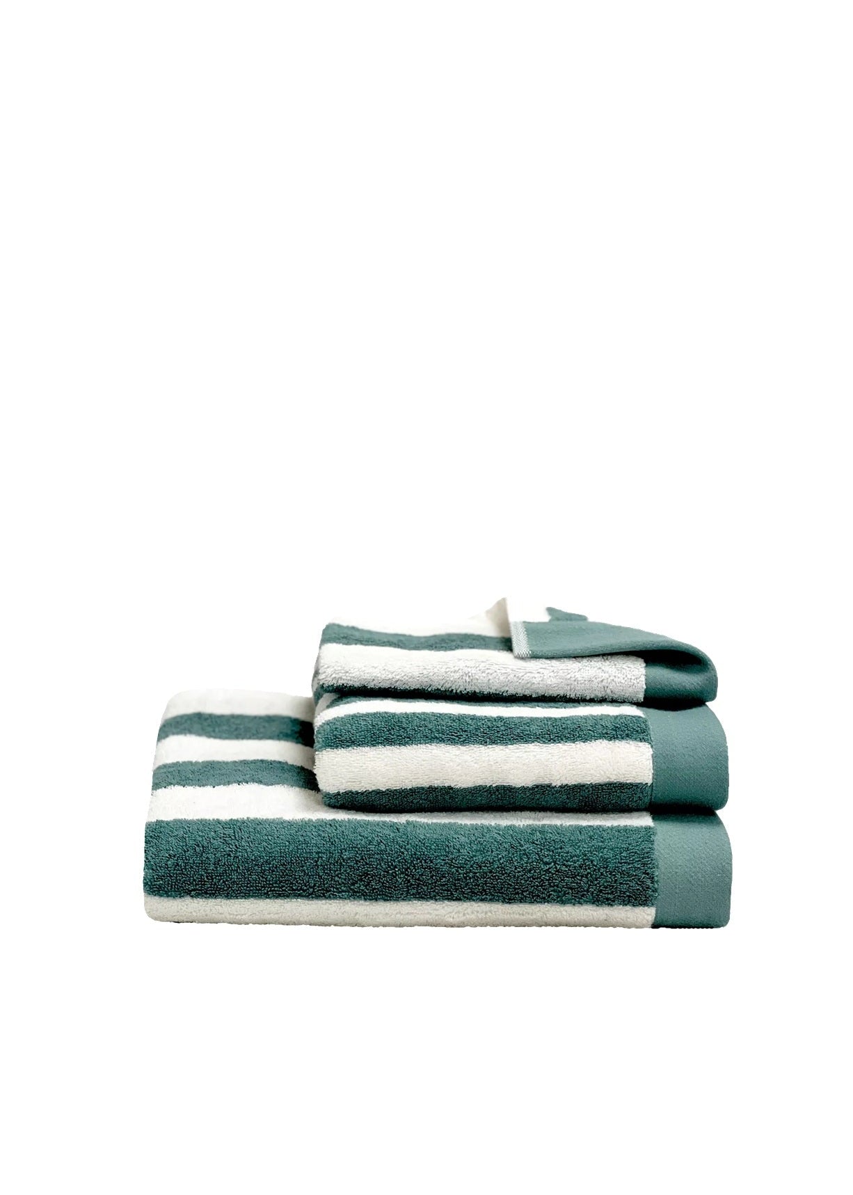A stack of three striped bath towels in teal green and white, arranged neatly on a solid white background.