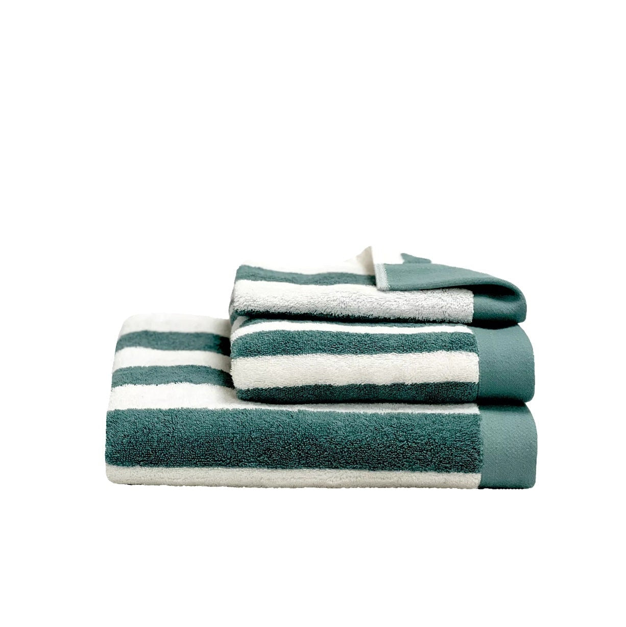 A stack of three striped bath towels in teal green and white, arranged neatly on a solid white background.