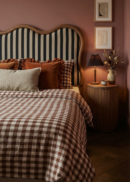 Bedroom with checkered bedspread, striped headboard, and side table with lamp and vase.