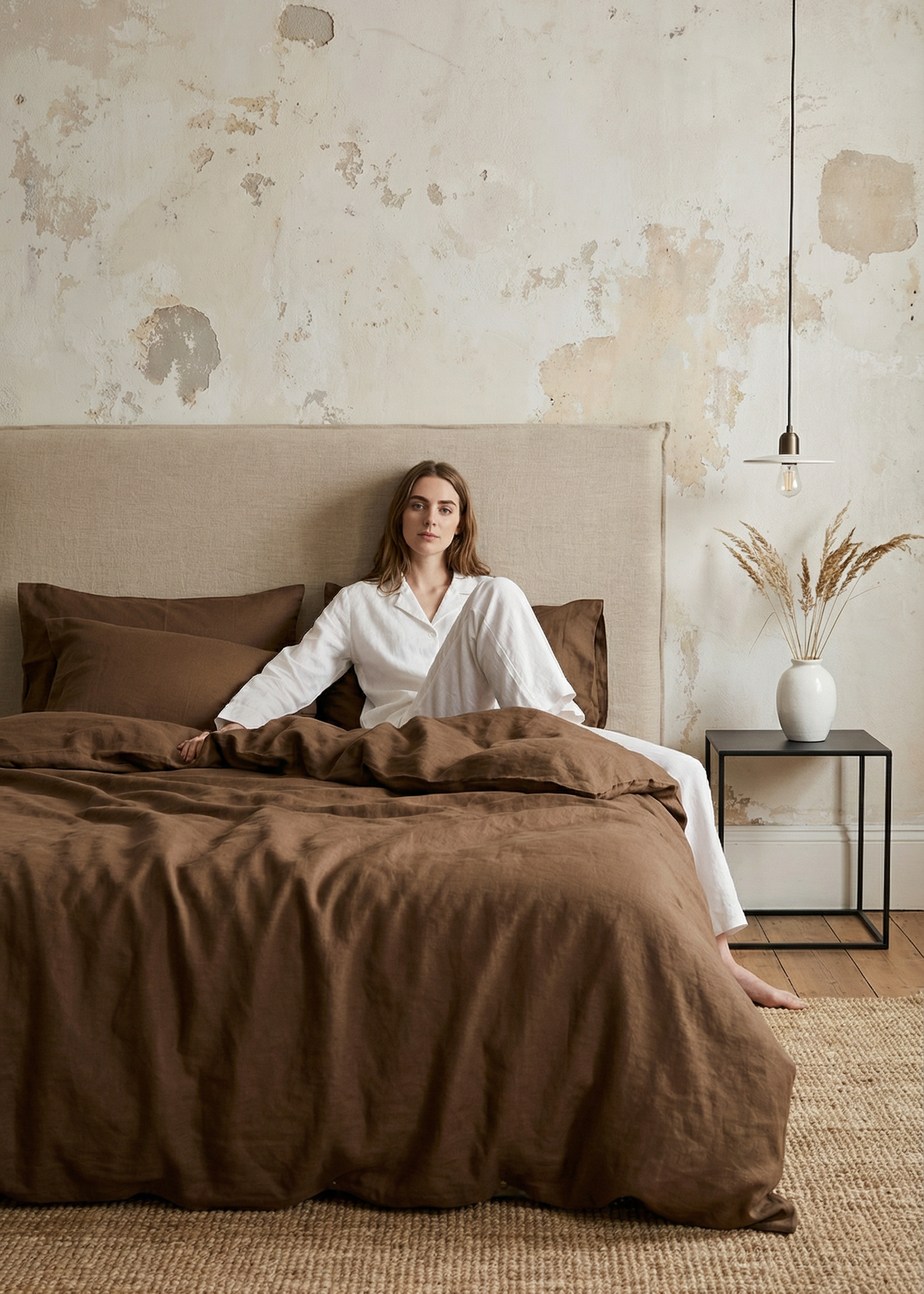 Woman sitting on a bed with brown bedding in a room with textured walls and a vase on a side table.