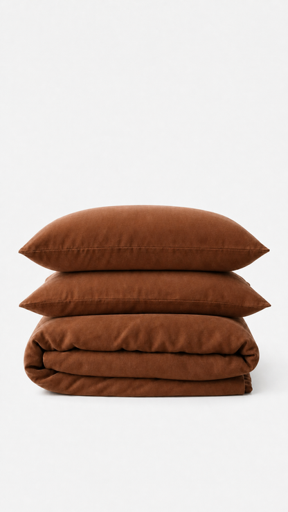 Stack of brown pillows and a folded brown blanket on a white background
