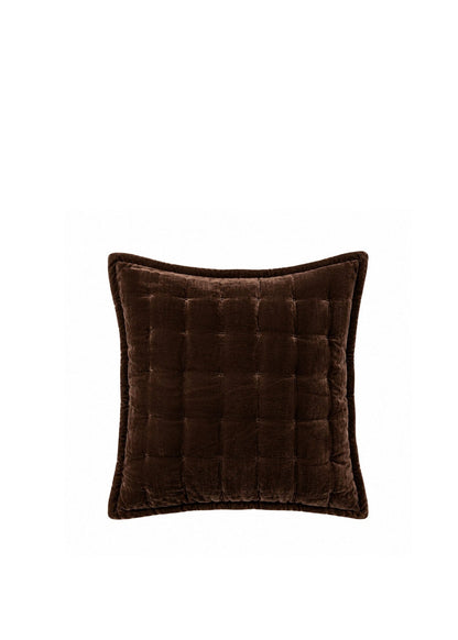 A square brown velvet throw pillow with a tufted grid pattern, shown against a plain white background.