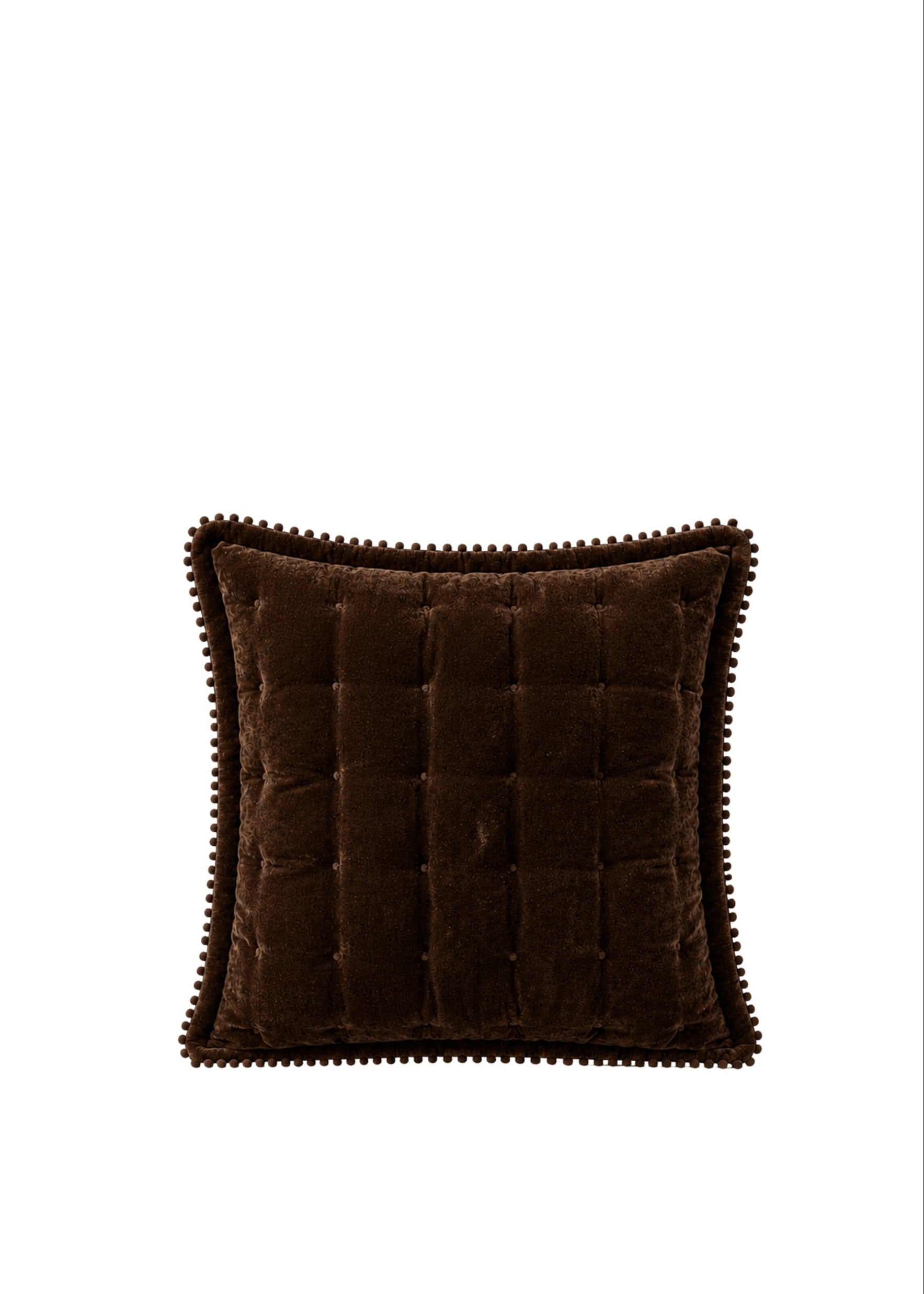 A square brown velvet throw pillow with a tufted center and a decorative scalloped edge, shown against a plain white background.