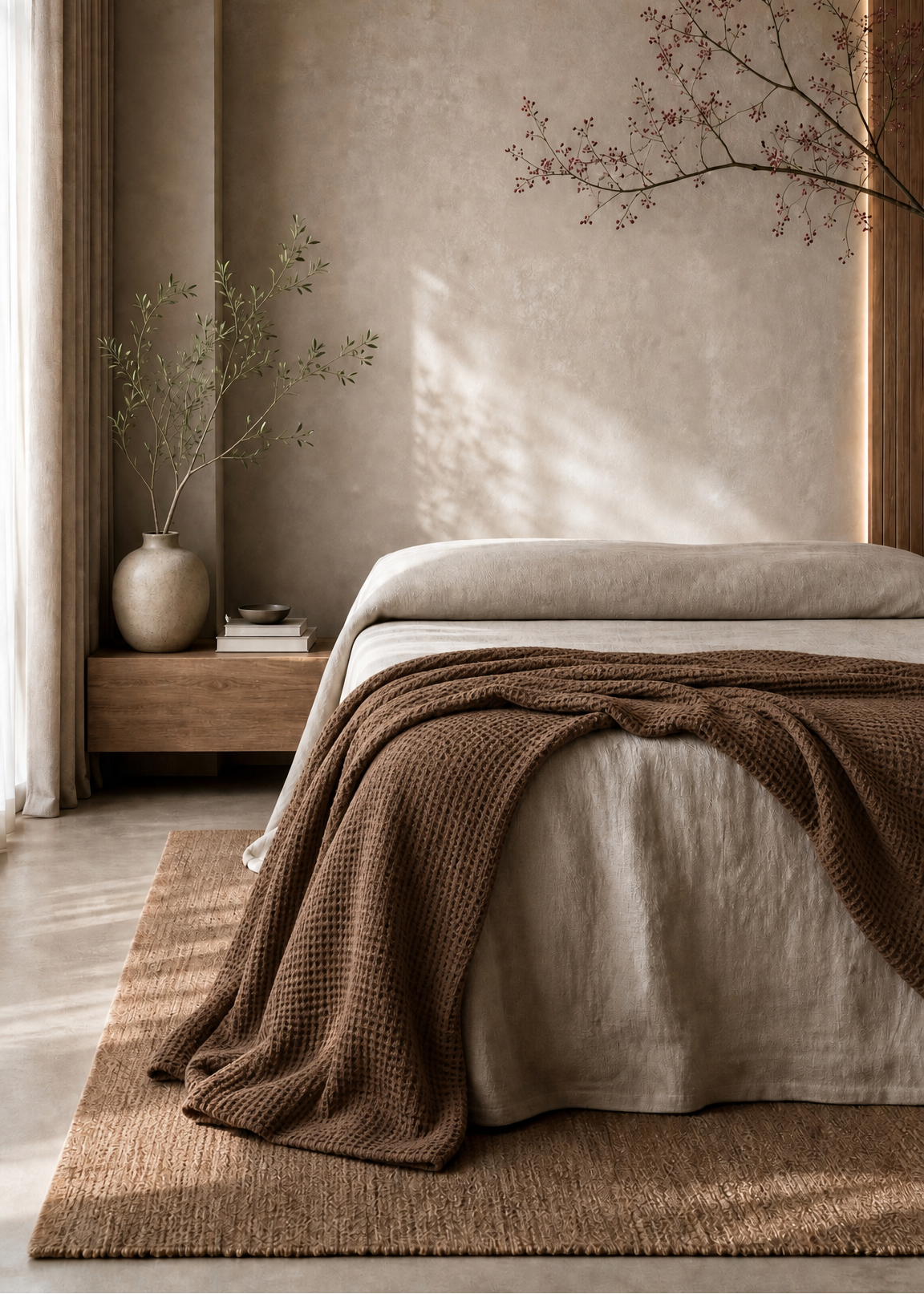 Modern bedroom with a bed, wooden side table, and decorative elements.