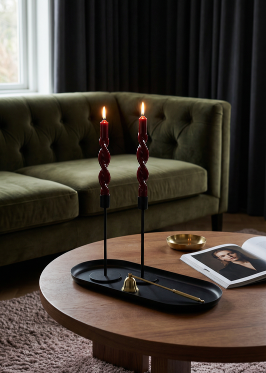 Living room with a green sofa, wooden coffee table, and decorative items.