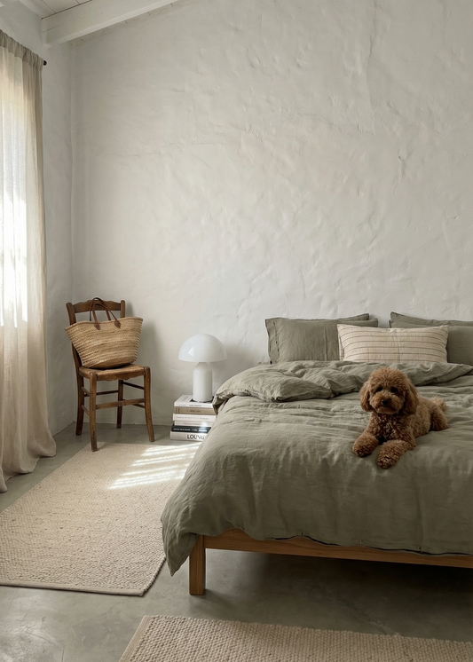 Cozy bedroom with a bed, chair, and dog on a textured white wall background