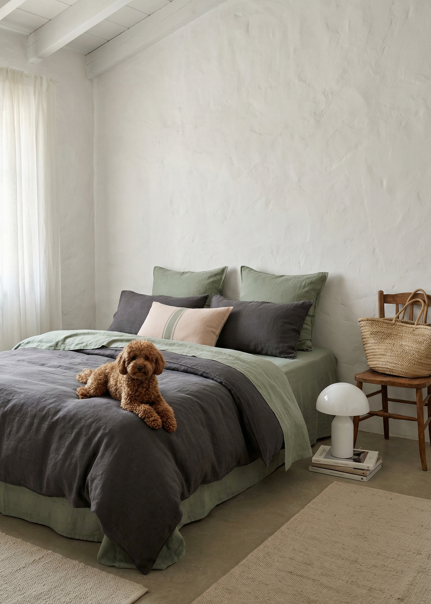 Cozy bedroom with a dog lying on the bed, soft lighting and neutral colors.