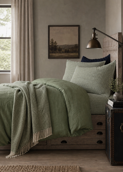 Cozy bedroom with green bedding and wooden furniture.