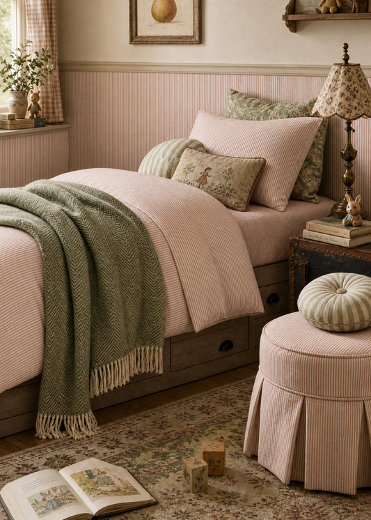 Cozy bedroom with a bed, green blanket, and decorative pillows.