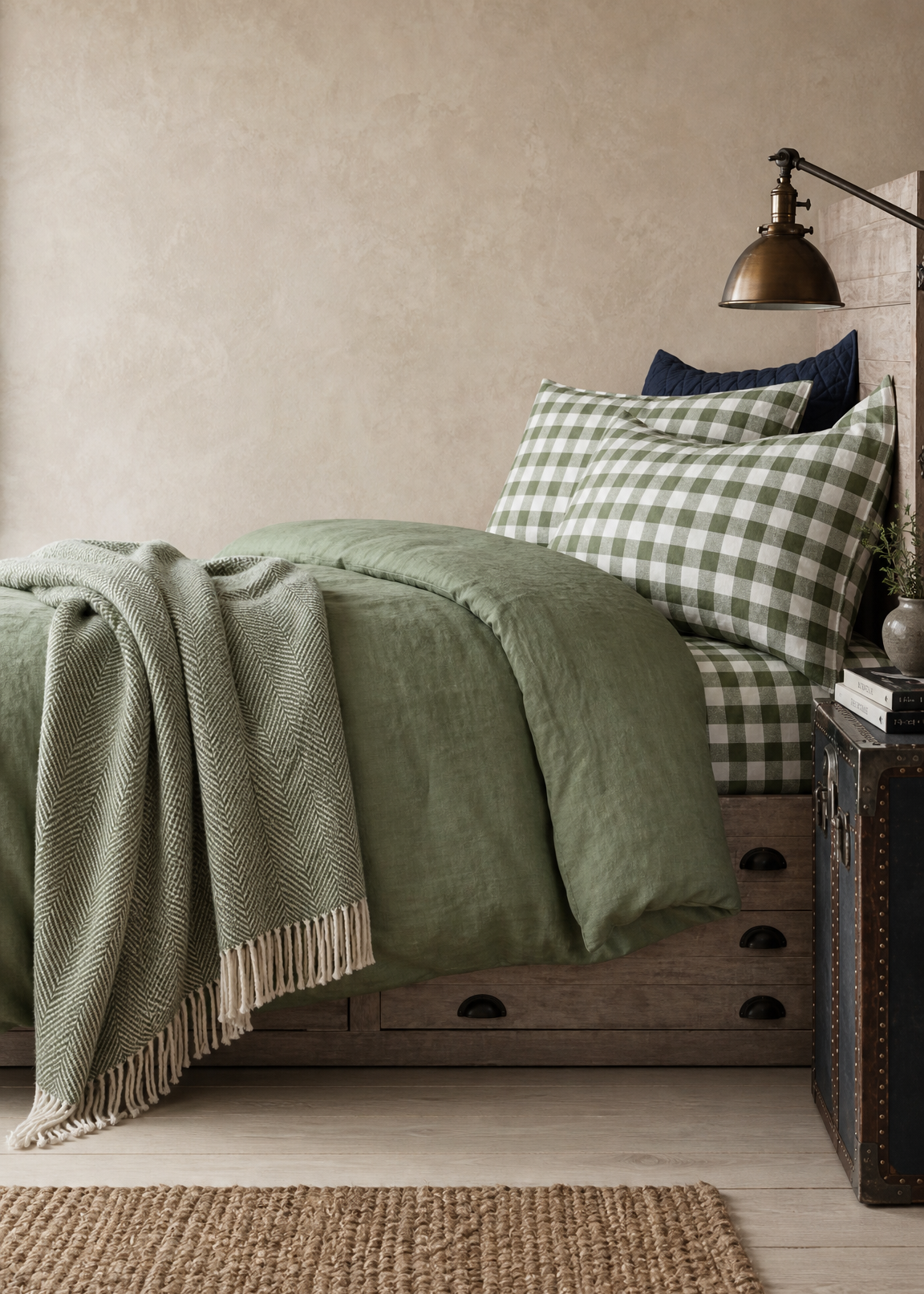 Bedroom with green bedding and plaid pillows against a beige wall.
