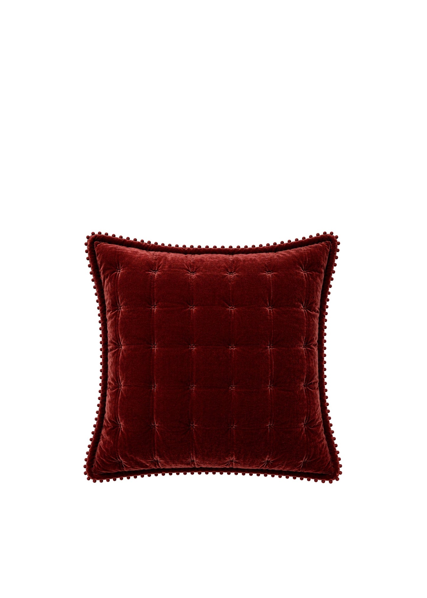 A square deep burgundy velvet throw pillow with a buttoned tufted center and a decorative beaded edge, shown against a plain white background.