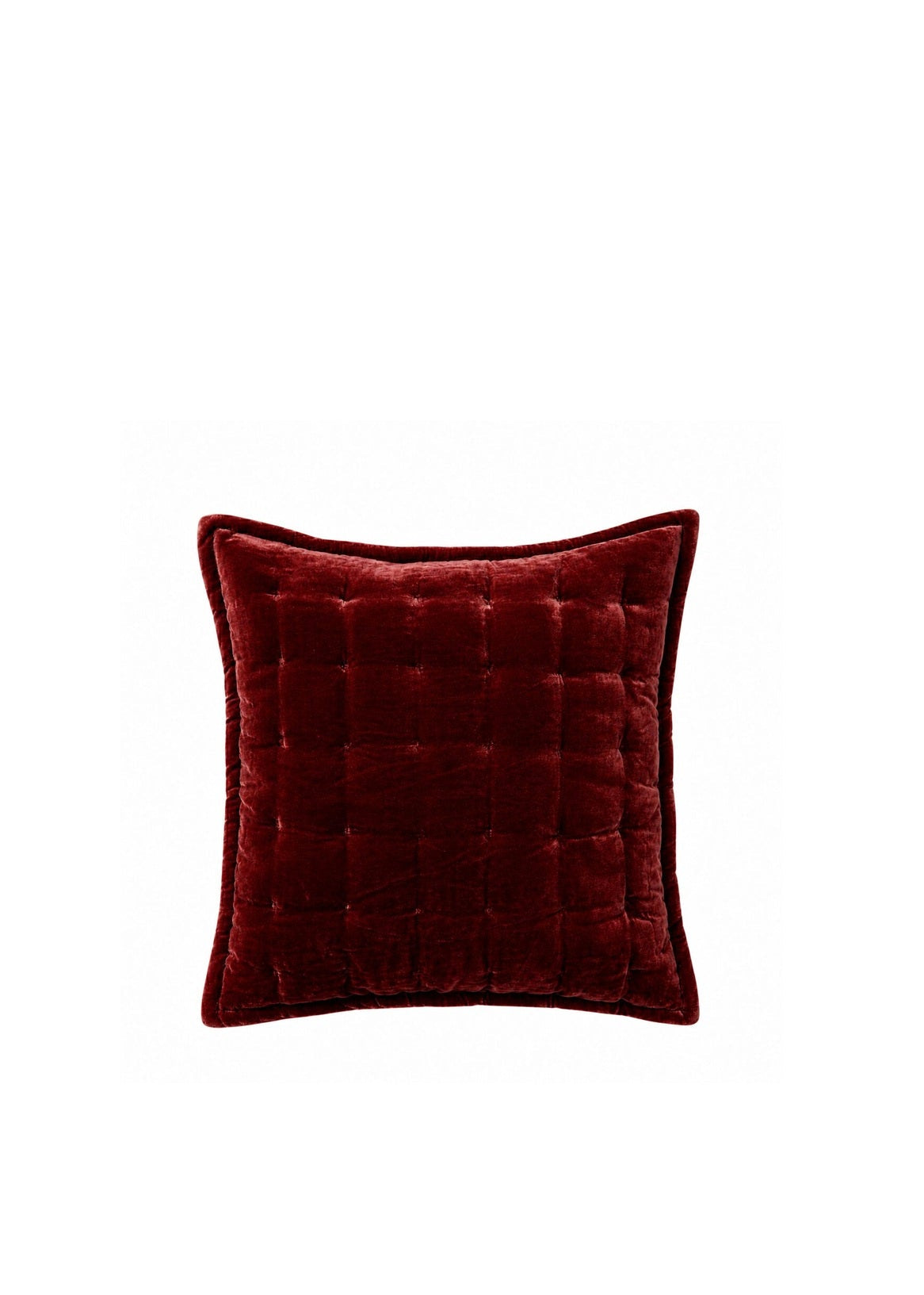 A square deep burgundy velvet throw pillow with a tufted grid pattern, centered on a plain white background.