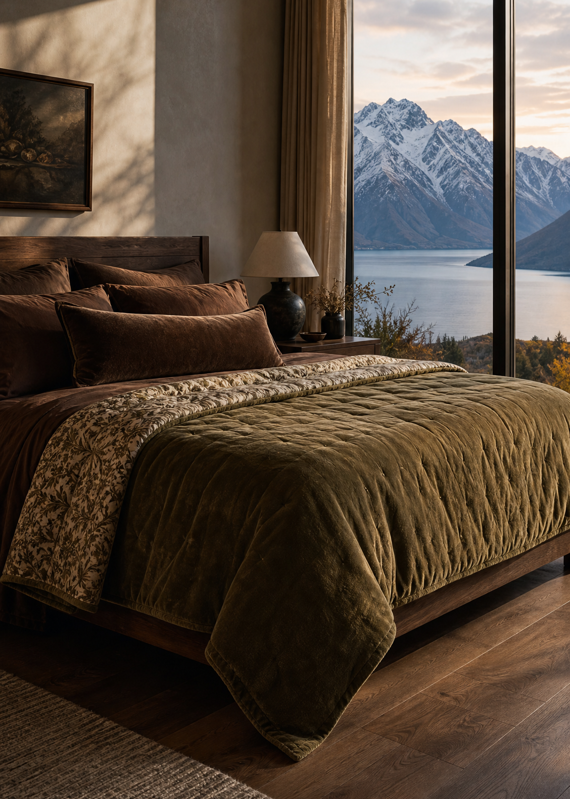 Bedroom with brown bedding and a large window view of mountains and lake.