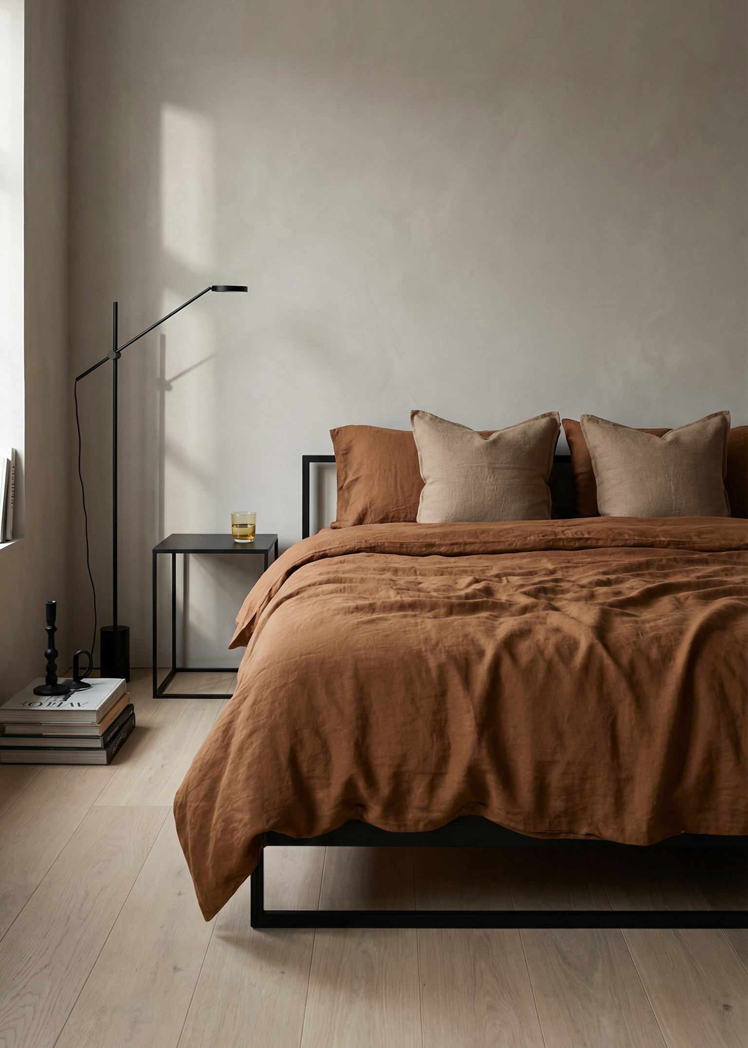 Bedroom with a bed covered in brown bedding, nightstands, and a lamp.