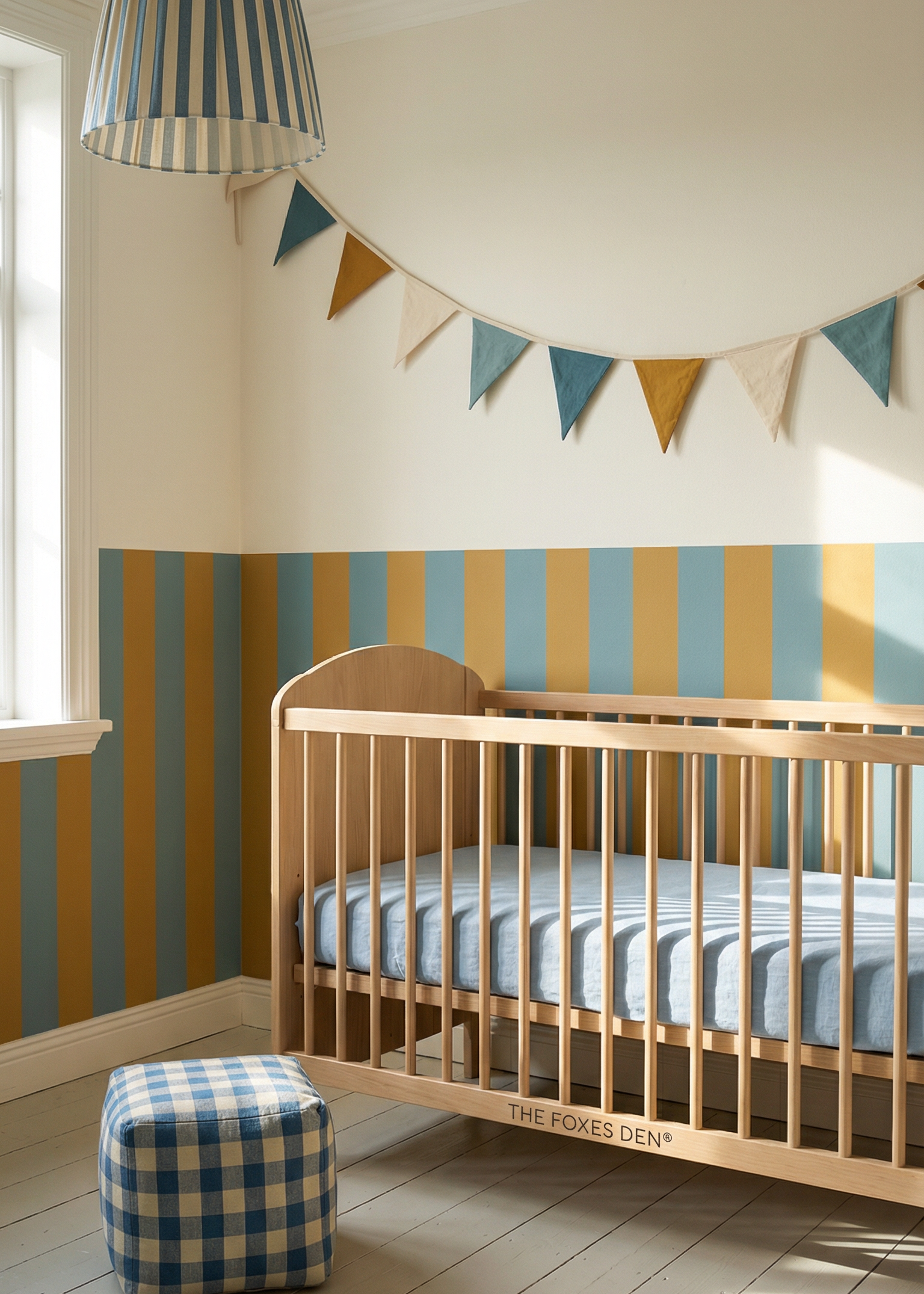 Nursery room with wooden crib, striped wallpaper, and colorful flags.