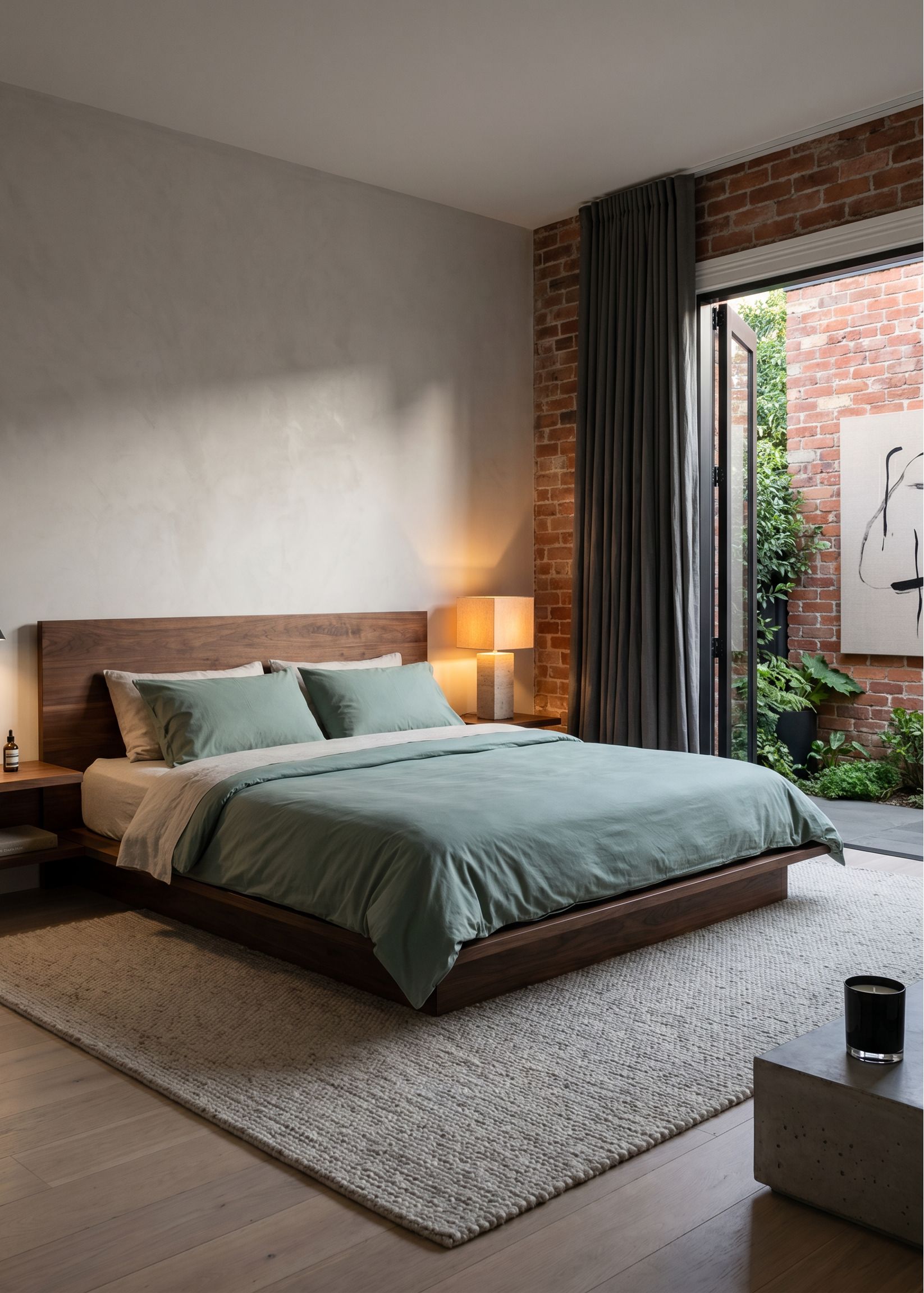 Modern bedroom with wooden bed, green bedding, and brick wall.