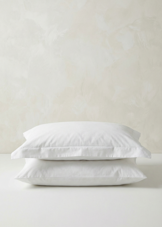 Two white pillows stacked on a light beige background