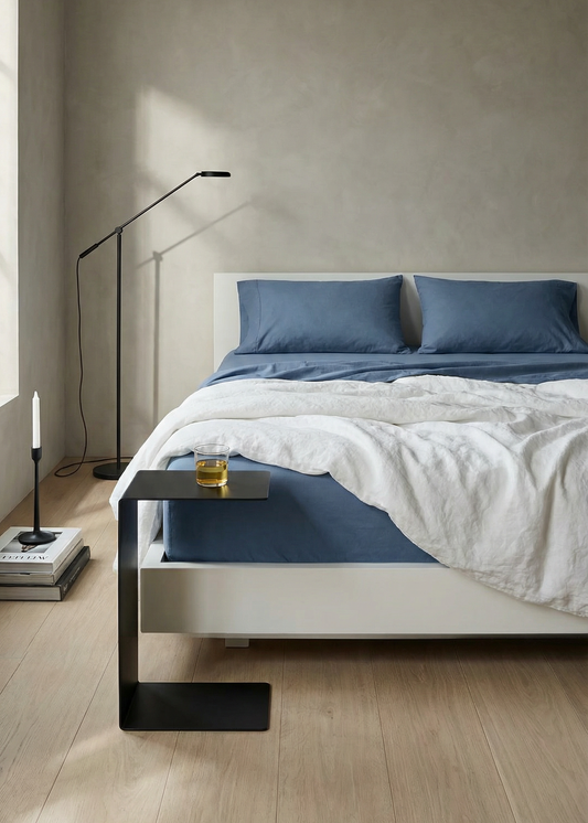 Modern bedroom with a bed, lamp, and decor items.