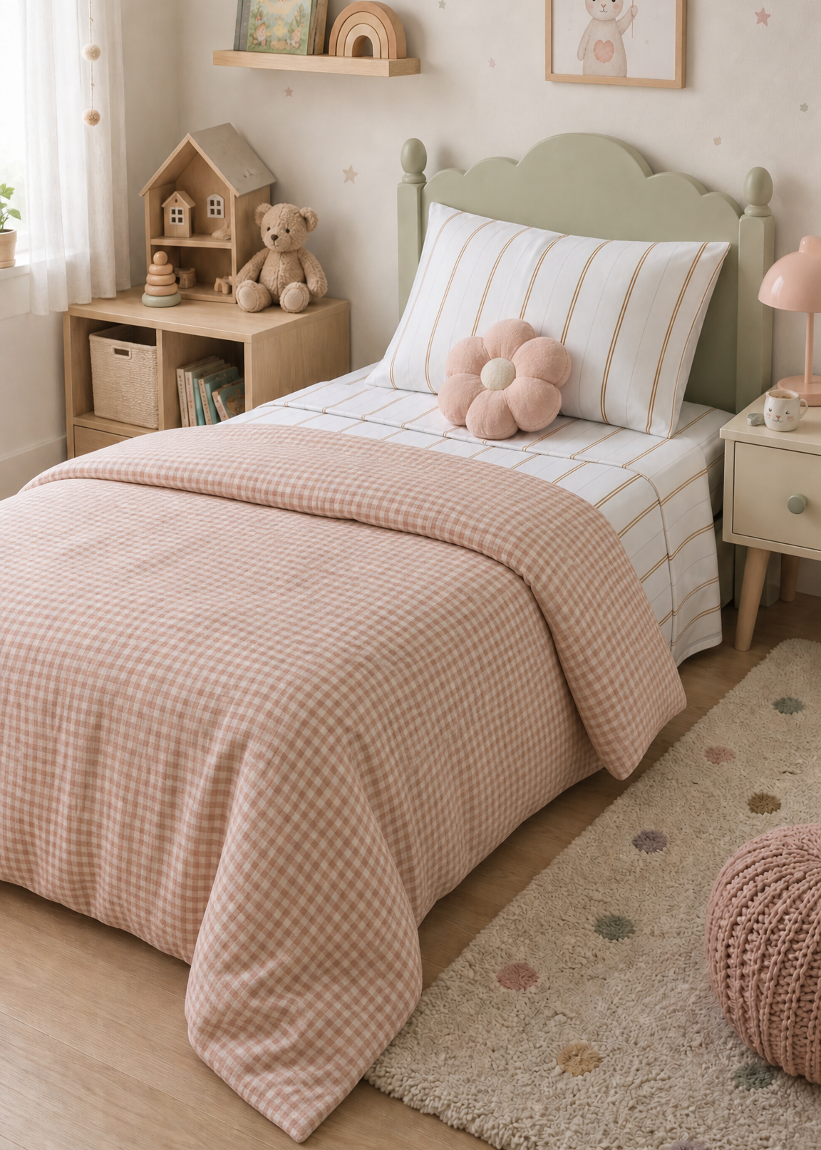 Children's bedroom with a bed, shelves, and decorative items.