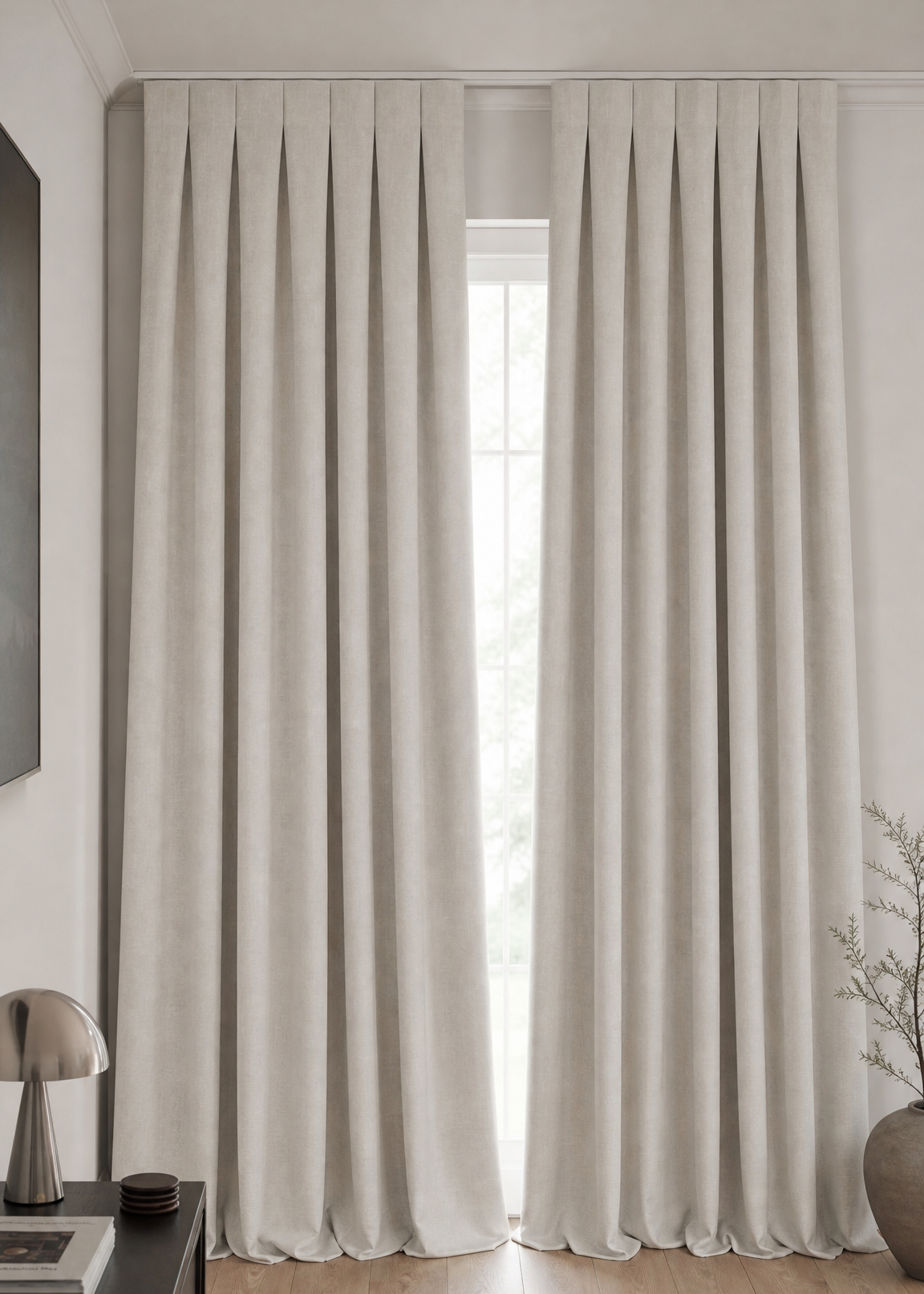 Beige curtains hanging in a room with a desk and plant.
