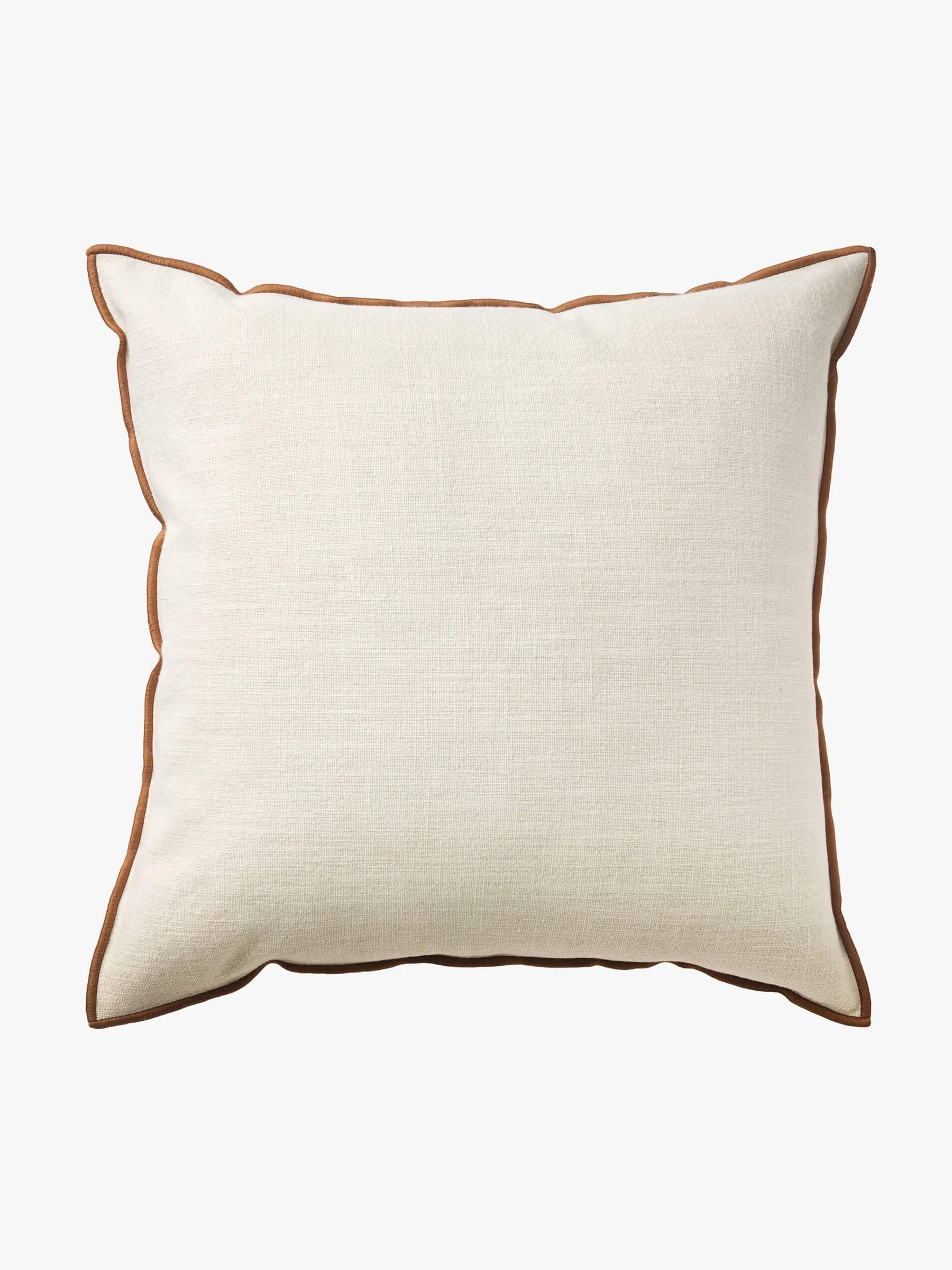 A square off-white linen throw pillow with a contrasting brown piped edge, shown against a plain white background.