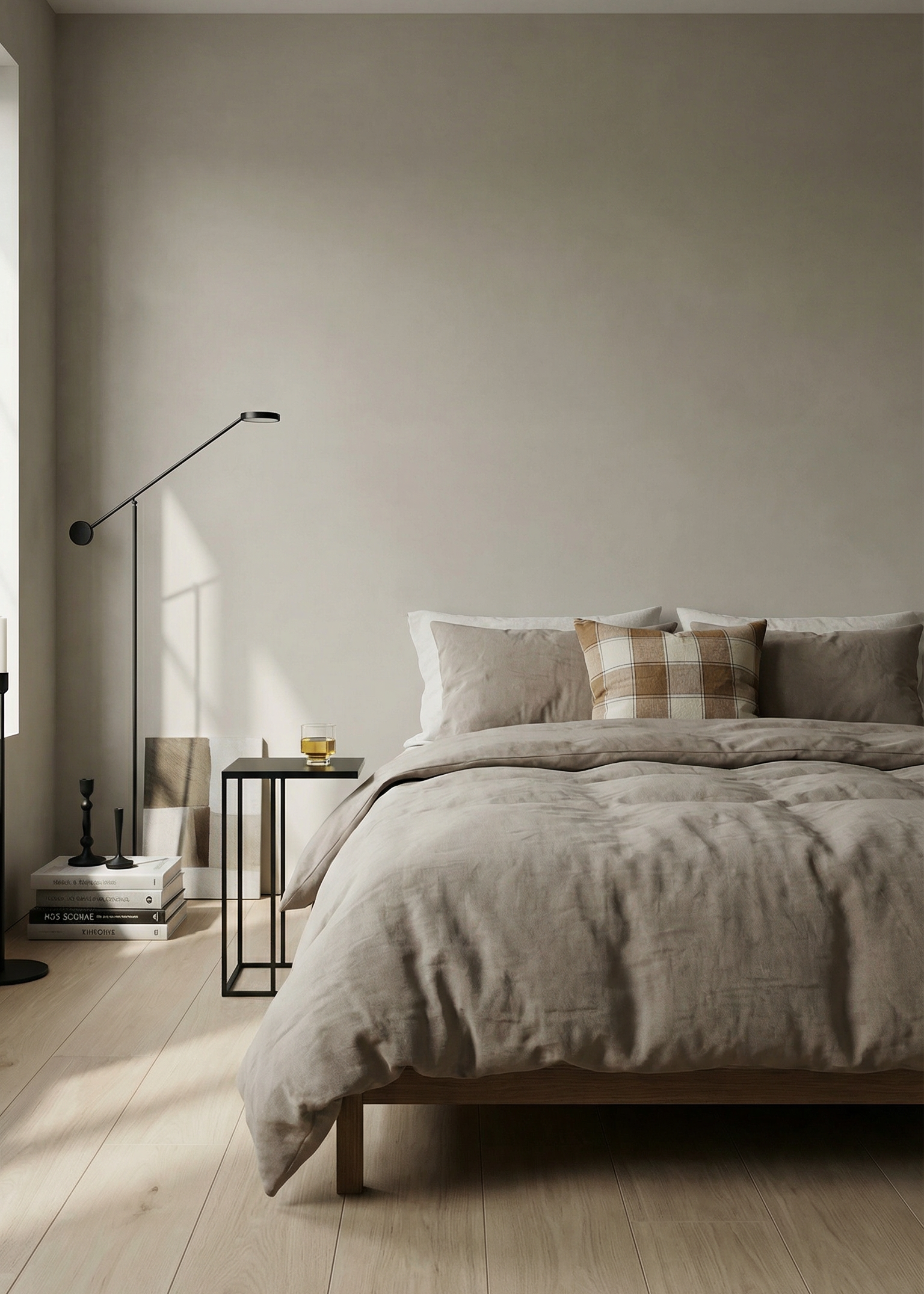 Neatly made bed in a bedroom with neutral tones and minimal decor.