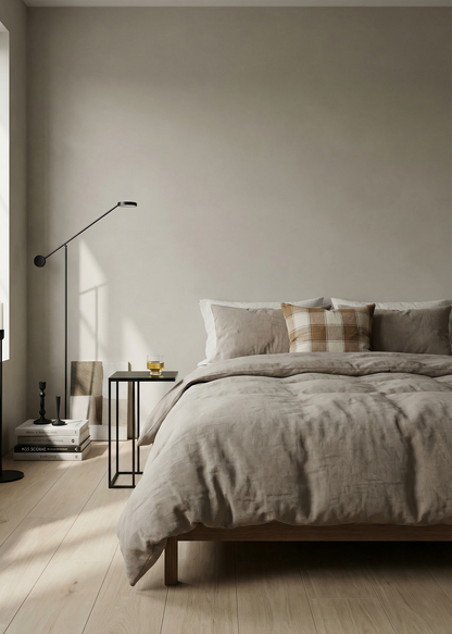 Neatly made bed in a bedroom with neutral tones and minimal decor.