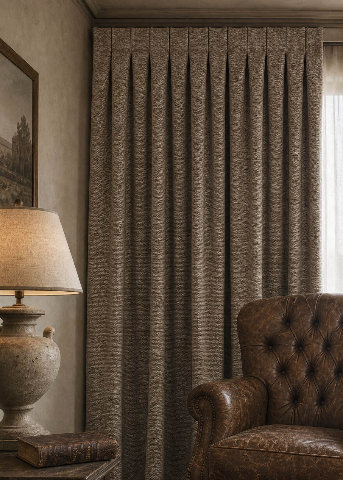 Brown leather armchair in a room with a large curtain and a lamp on a side table.