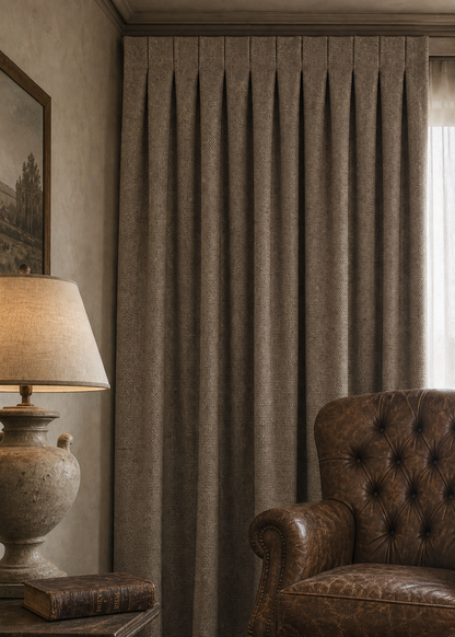 Brown leather armchair in a room with a large curtain and a lamp on a side table.