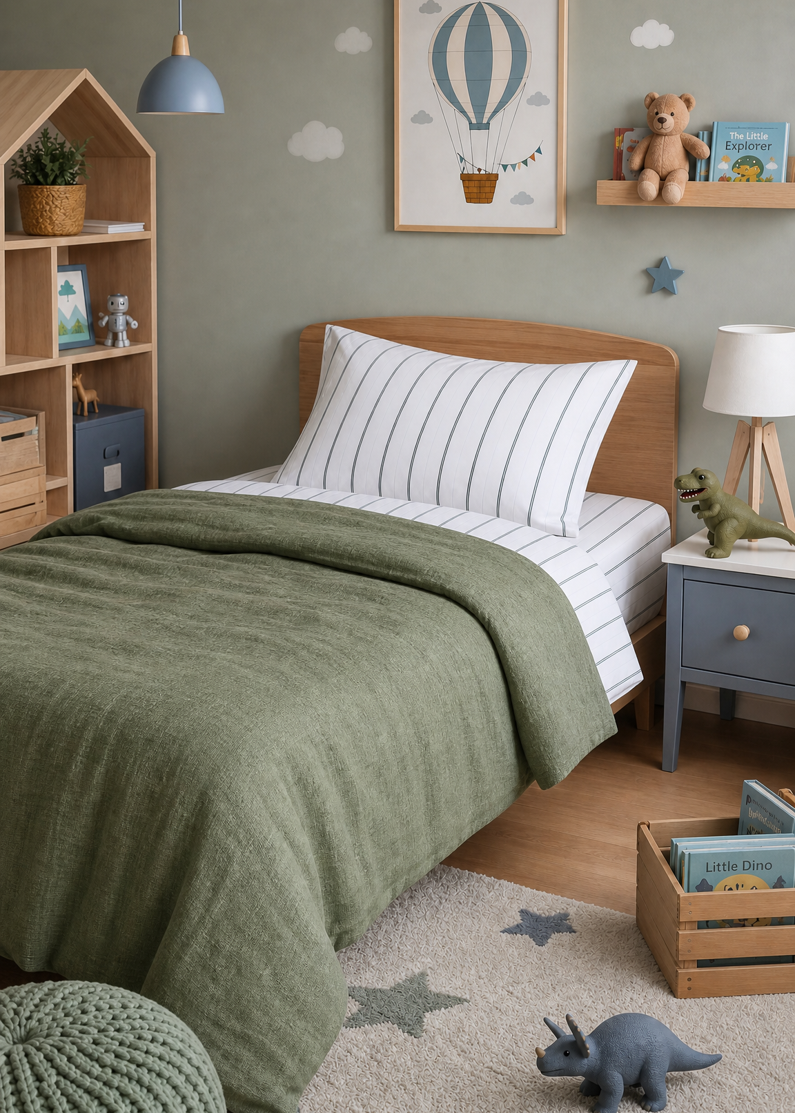 Children's bedroom with green bedding, wooden bookshelf, and toys on a star-patterned rug.