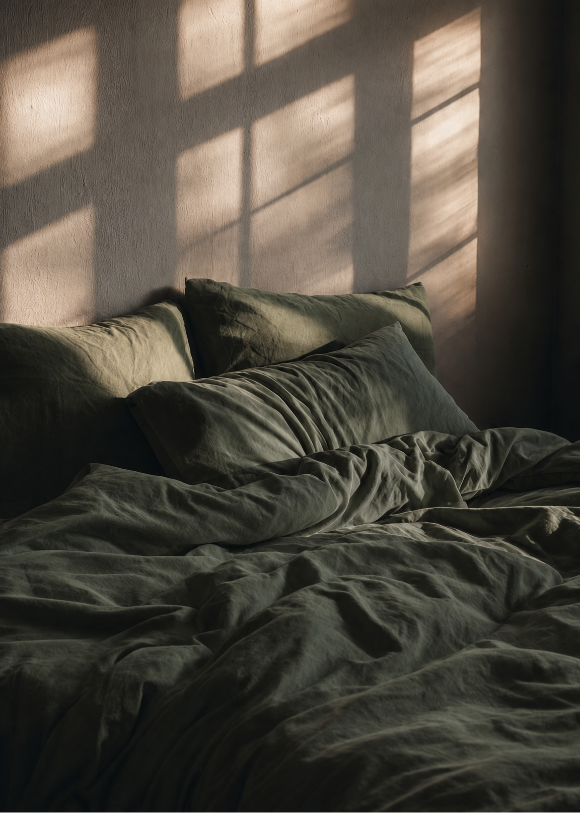 Bed with green bedding and pillows against a wall with sunlight filtering through.