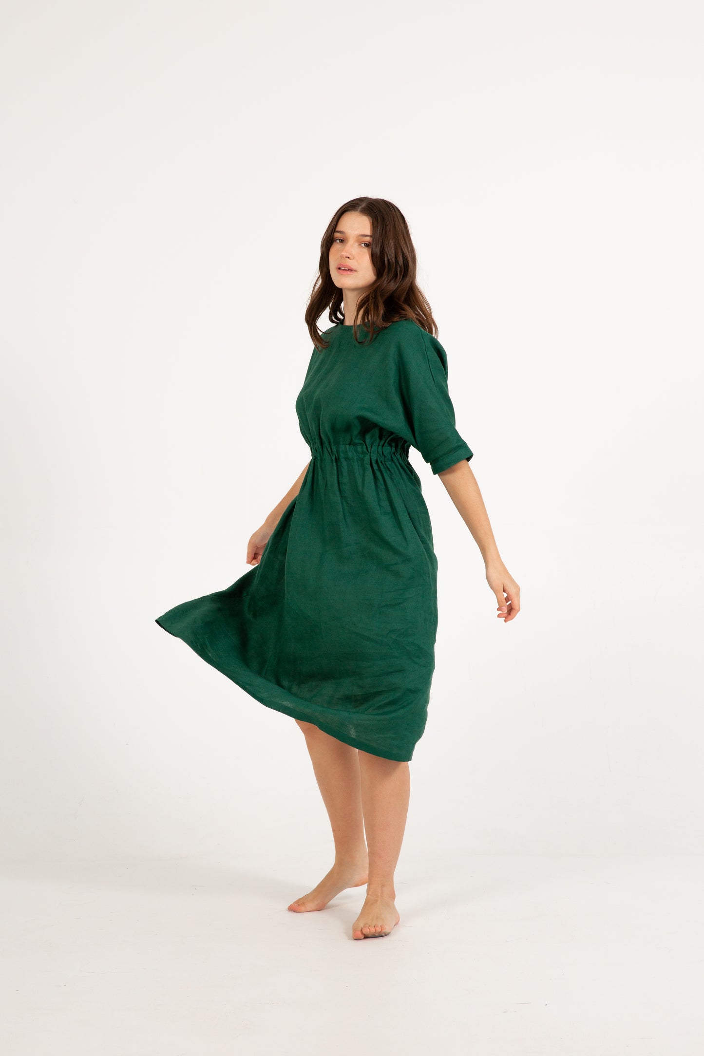 Gathered waist Linen Dress | Green