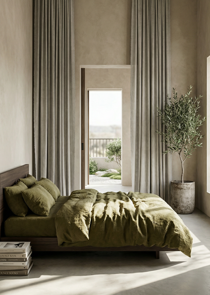 Bedroom with green bedding, large windows, and a plant.