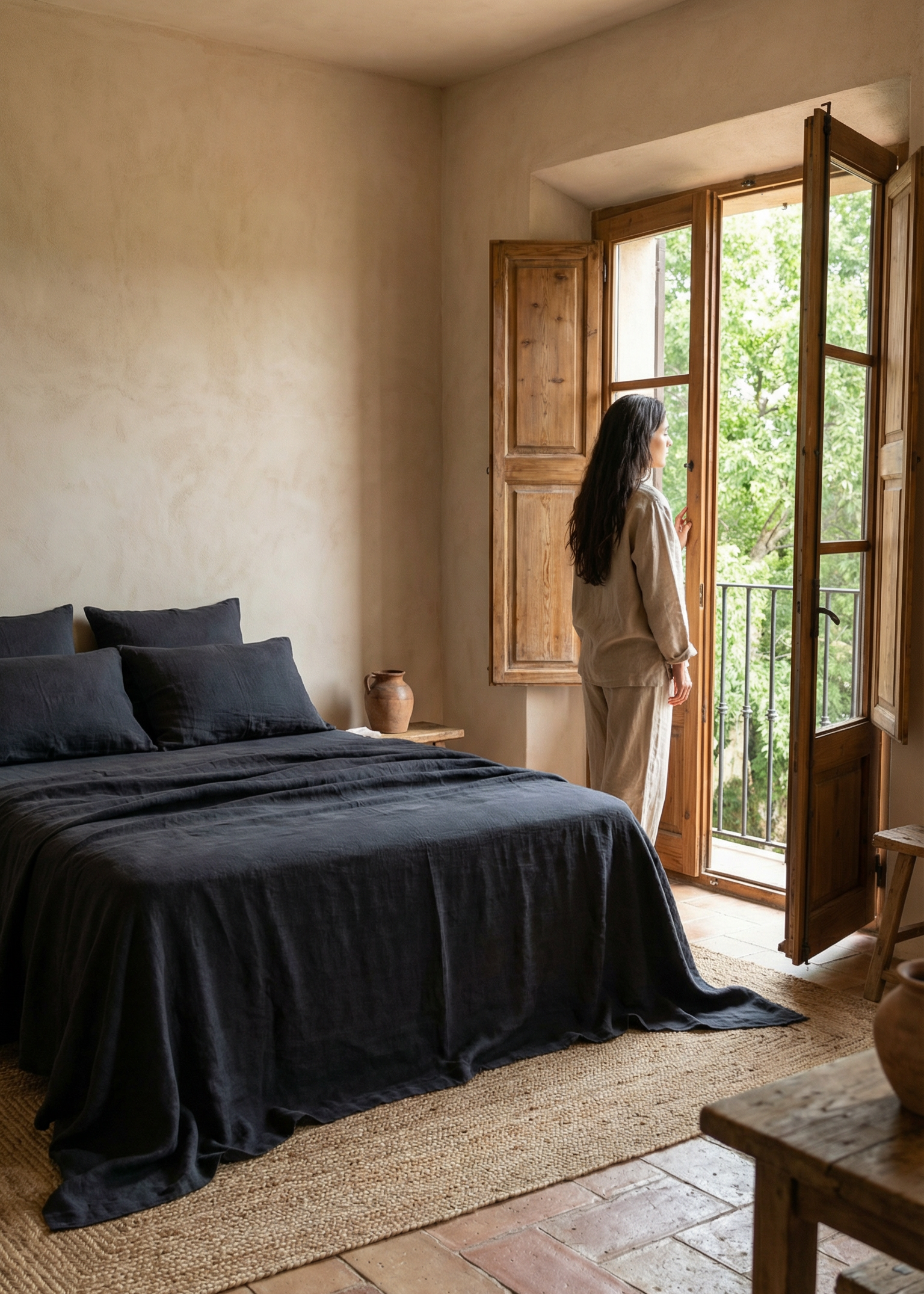 Woman standing by a large open door in a bedroom with a bed and natural light.