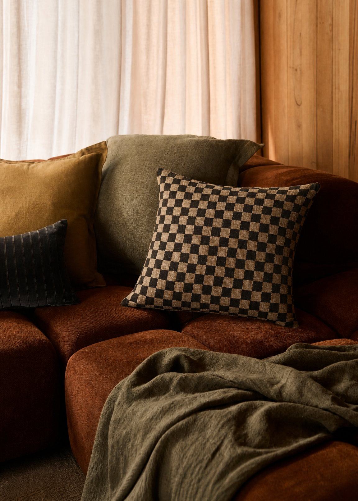 Brown sofa with patterned cushions and a blanket in a cozy living room.
