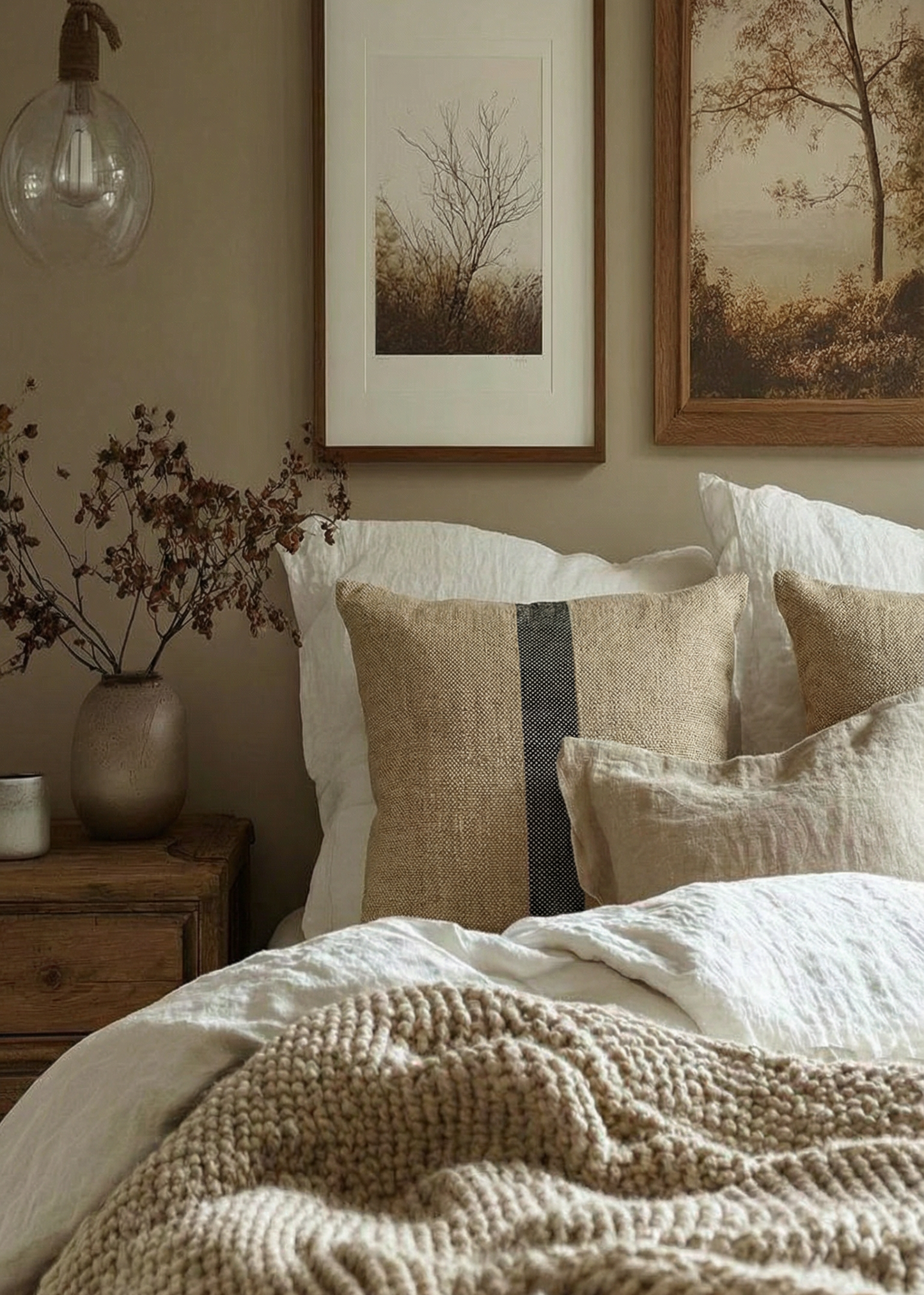 Cozy bedroom with beige bedding, framed artwork, and a vase on a nightstand.