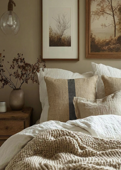 Cozy bedroom with beige bedding, framed artwork, and a vase on a nightstand.