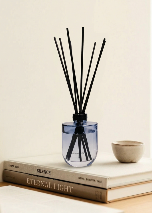 Diffuser with black sticks on a stack of books against a beige background